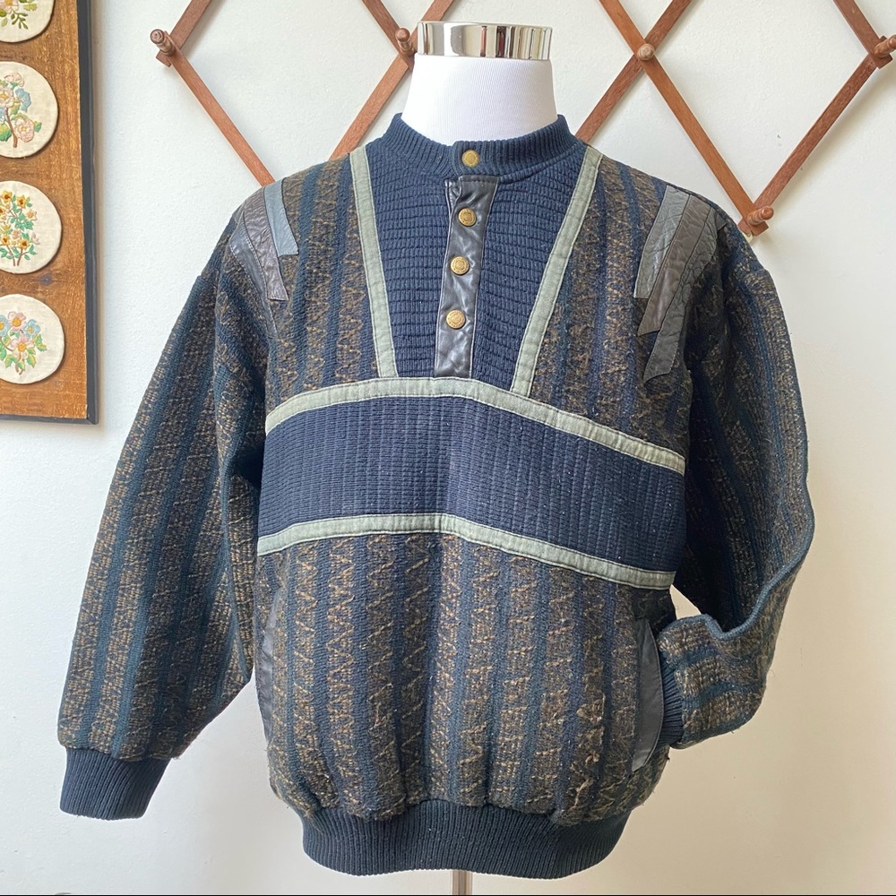 Vintage Thick Knit Sweater With Leather Trim - Picture 3 of 13